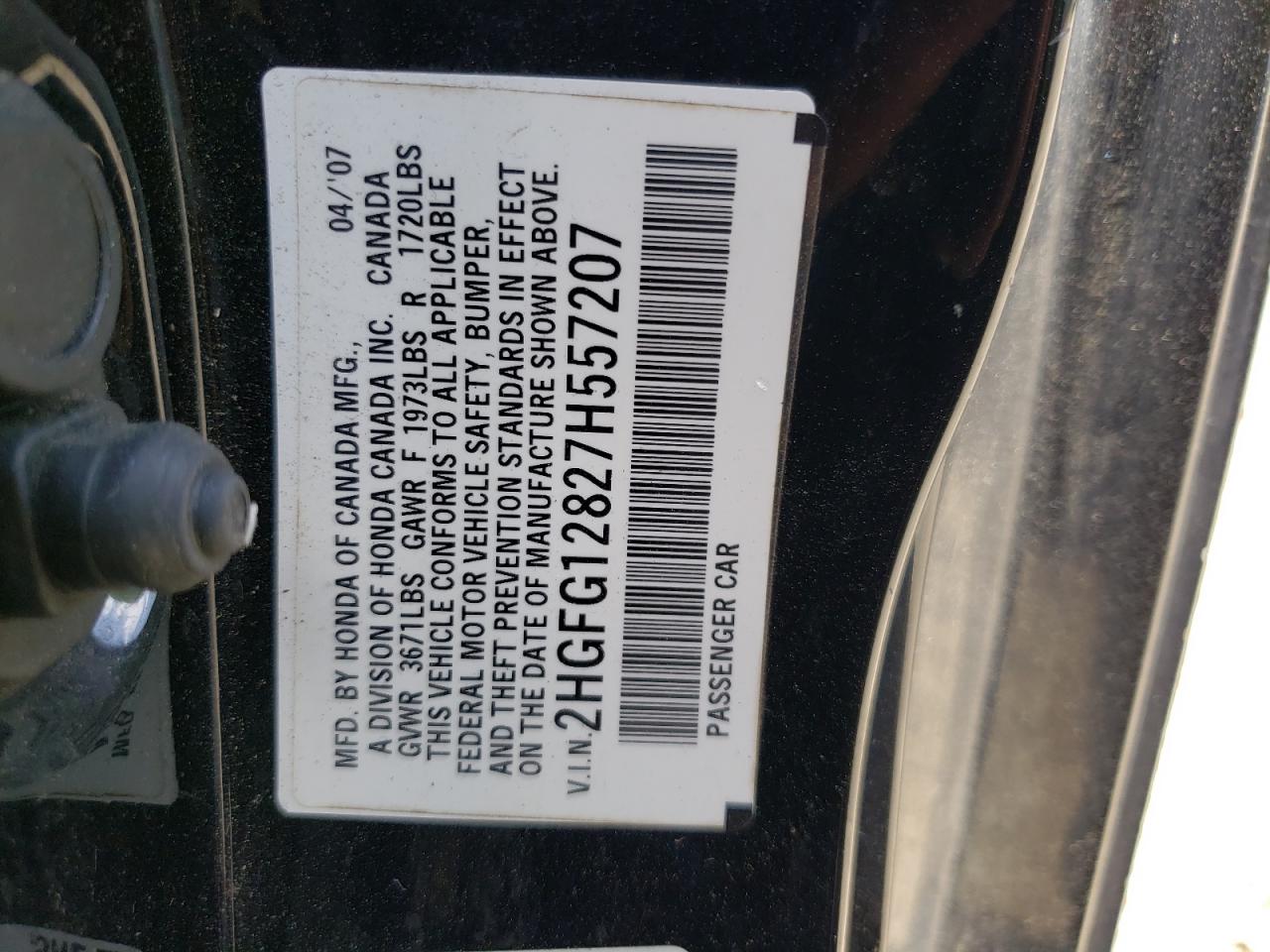 Photo 10 from auction – 2007 HONDA CIVIC EX with VIN 2HGFG12827H557207
