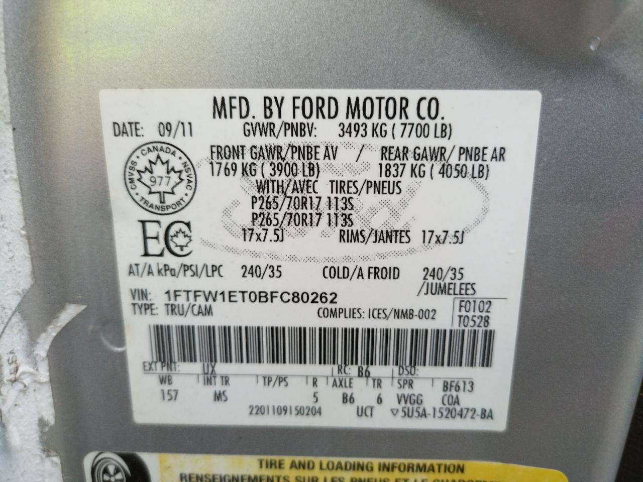 Photo 10 from auction – 2011 FORD F150 SUPER with VIN 1FTFW1ET0BFC80262