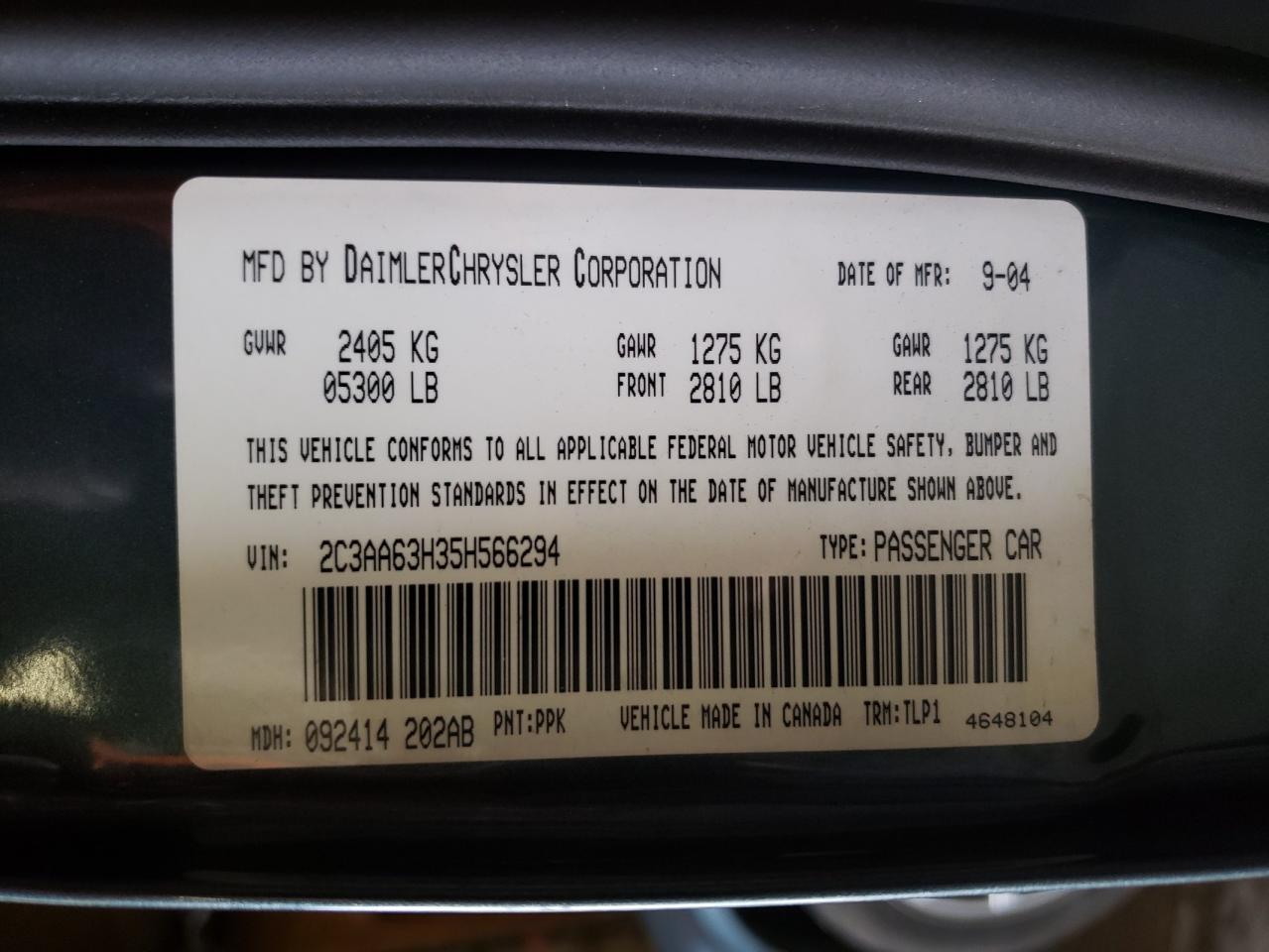 Photo 10 from auction – 2005 CHRYSLER 300C with VIN 2C3AA63H35H566294