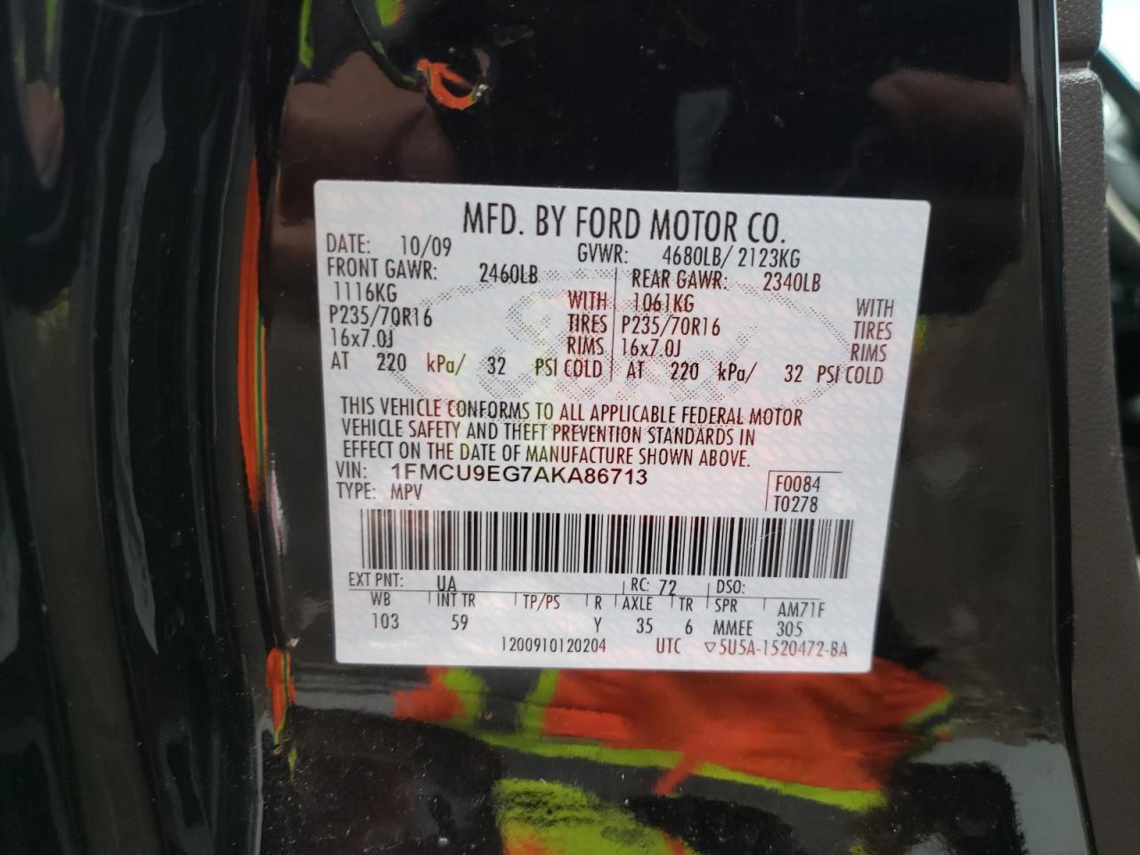 Photo 10 from auction – 2010 FORD ESCAPE LIM with VIN 1FMCU9EG7AKA86713