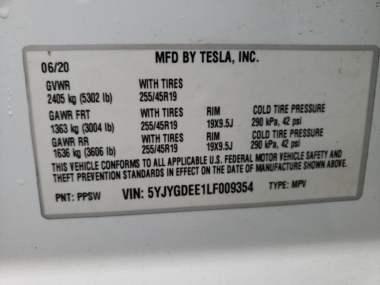 Photo 10 from auction – 2020 TESLA MODEL Y with VIN 5YJYGDEE1LF009354