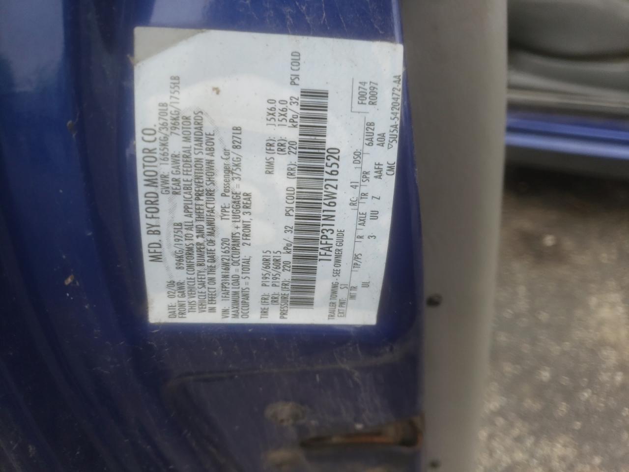 Photo 10 from auction – 2006 FORD FOCUS ZX3 with VIN 1FAFP31N16W216520