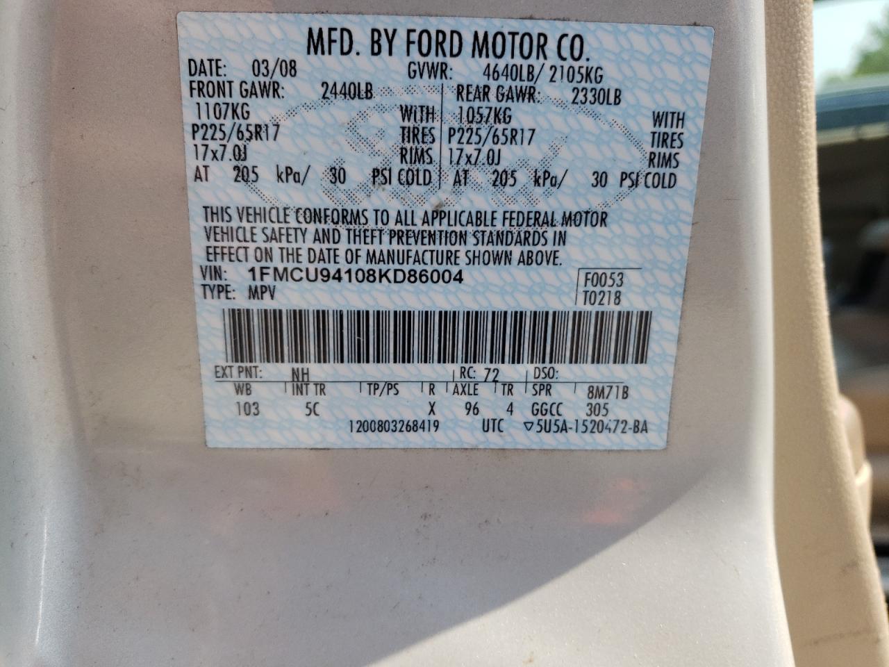 Photo 10 from auction – 2008 FORD ESCAPE LIM with VIN 1FMCU94108KD86004