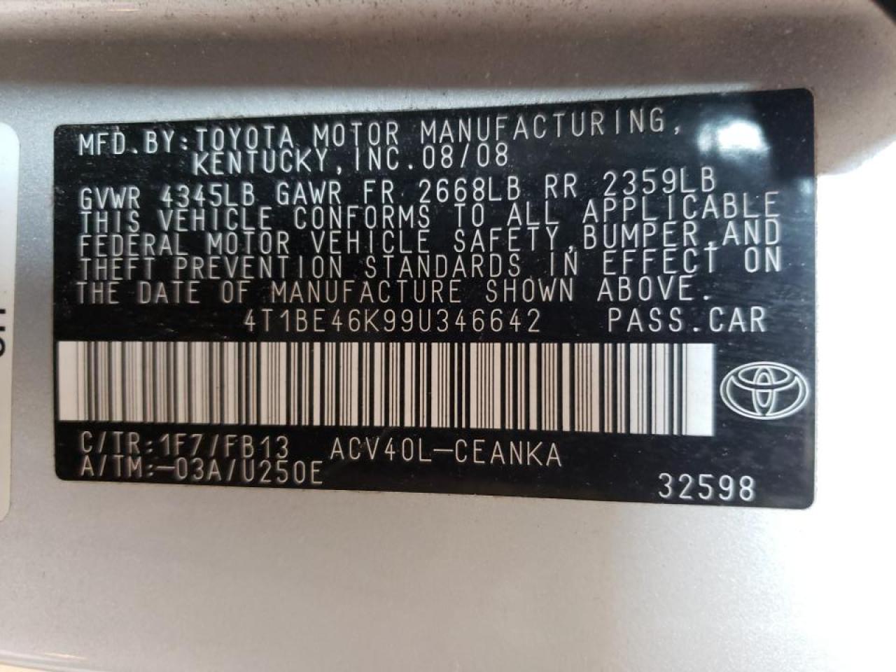 Photo 10 from auction – 2009 TOYOTA CAMRY BASE with VIN 4T1BE46K99U346642