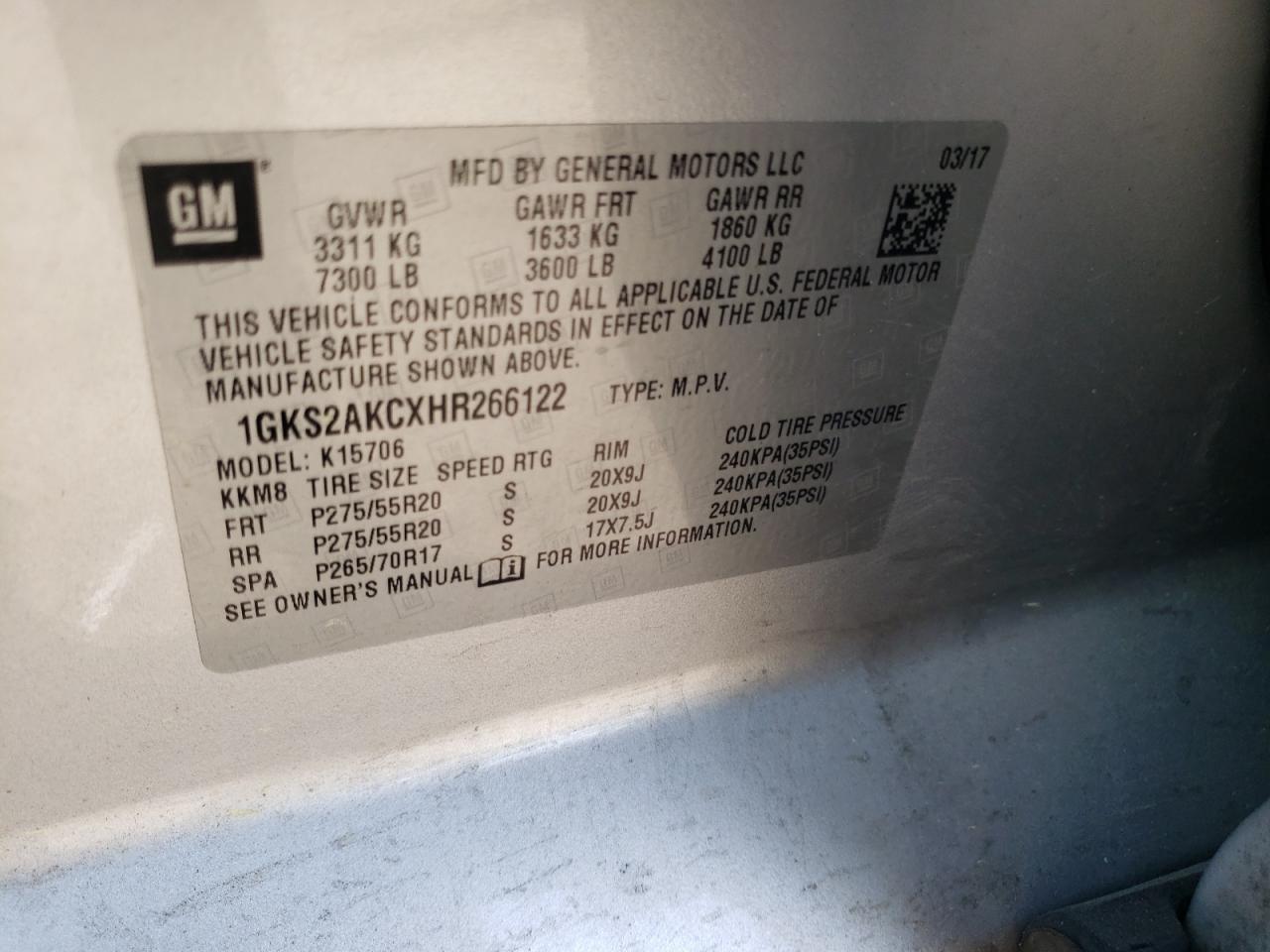 Photo 10 from auction – 2017 GMC YUKON SLE with VIN 1GKS2AKCXHR266122