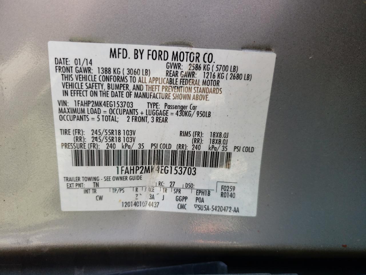Photo 10 from auction – 2014 FORD TAURUS POL with VIN 1FAHP2MK4EG153703