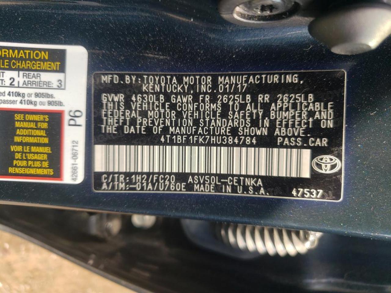Photo 10 from auction – 2017 TOYOTA CAMRY with VIN 4T1BF1FK7HU384784