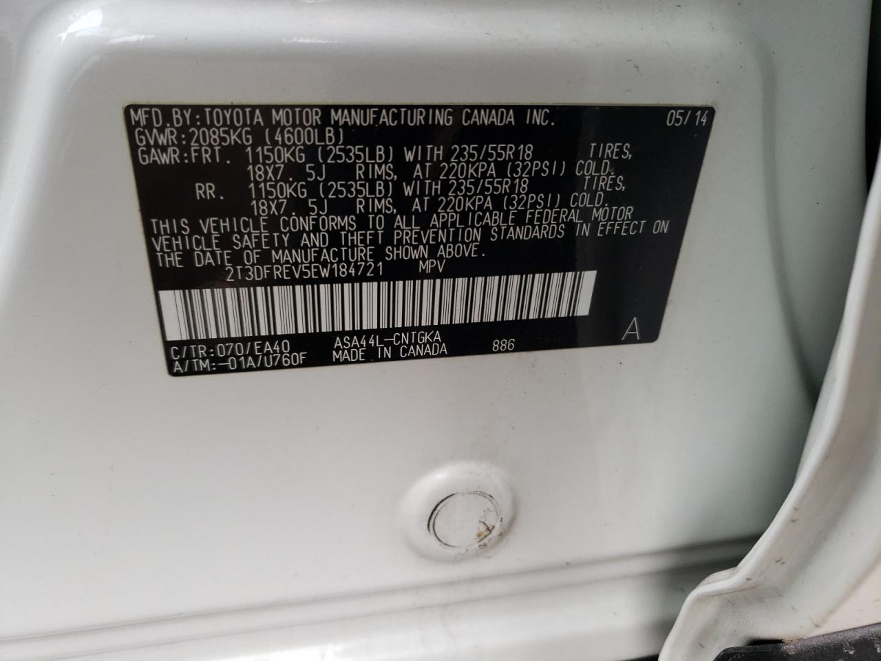Photo 10 from auction – 2014 TOYOTA RAV4 LIMIT with VIN 2T3DFREV5EW184721