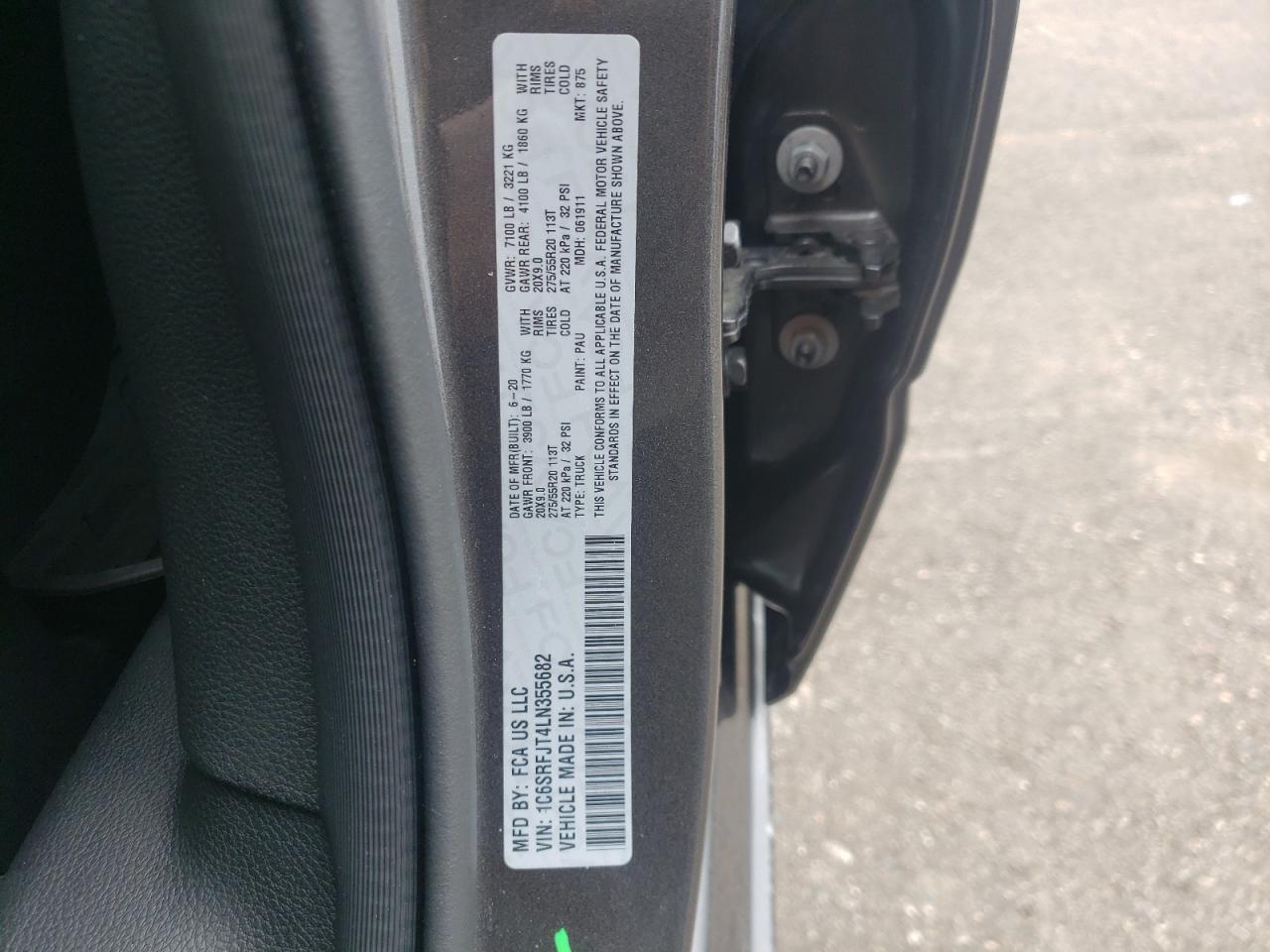 Photo 10 from auction – 2020 RAM 1500 LARAM with VIN 1C6SRFJT4LN355682