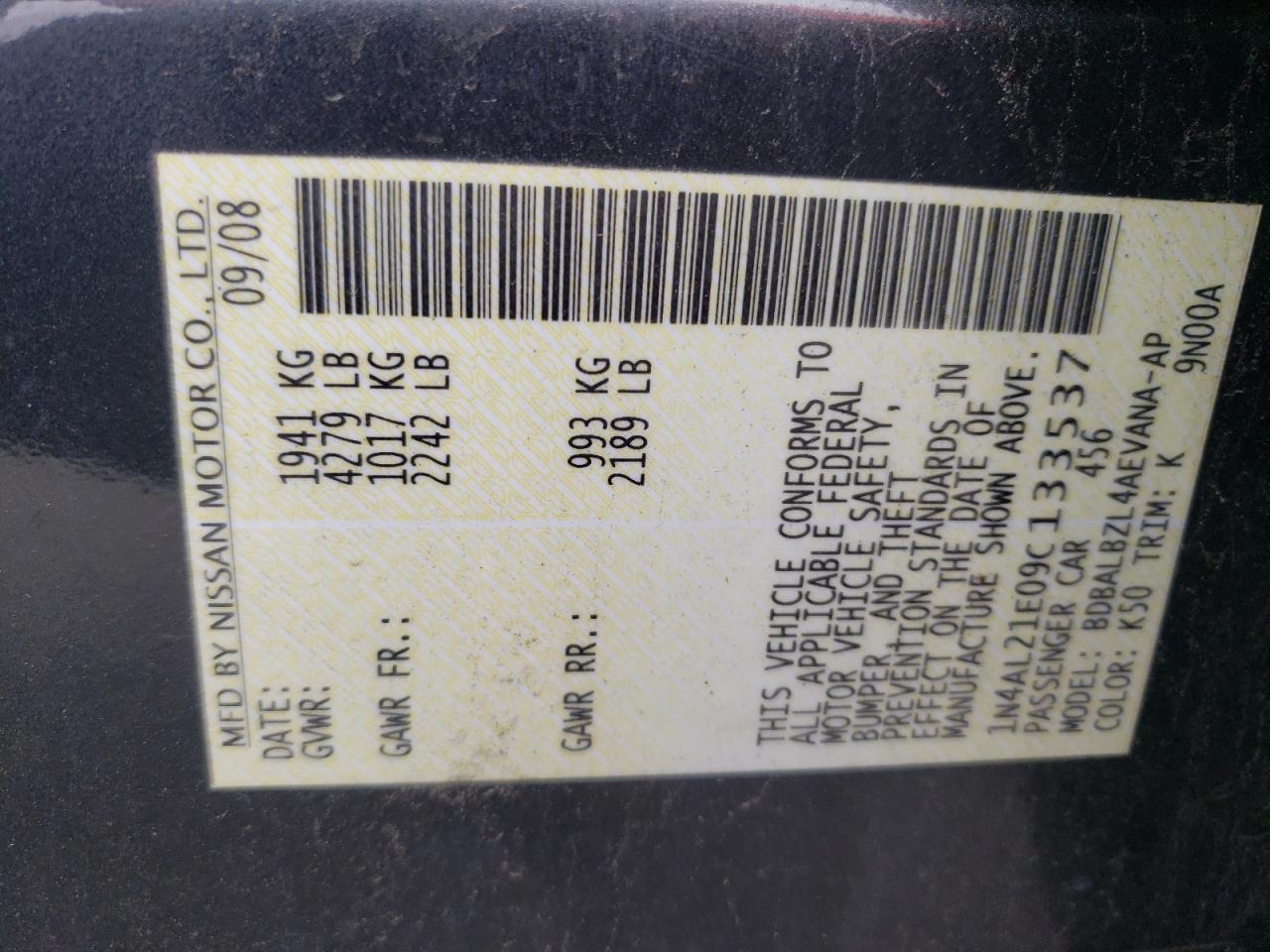 Photo 10 from auction – 2009 NISSAN ALTIMA 2.5 with VIN 1N4AL21E09C133537
