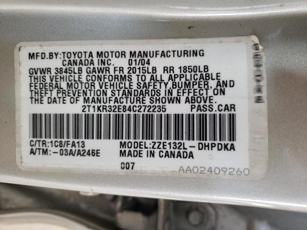 Photo 10 from auction – 2004 TOYOTA COROLLA MA with VIN 2T1KR32E84C272235