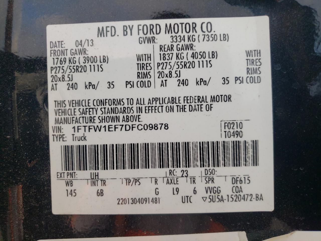 Photo 10 from auction – 2013 FORD F150 SUPER with VIN 1FTFW1EF7DFC09878