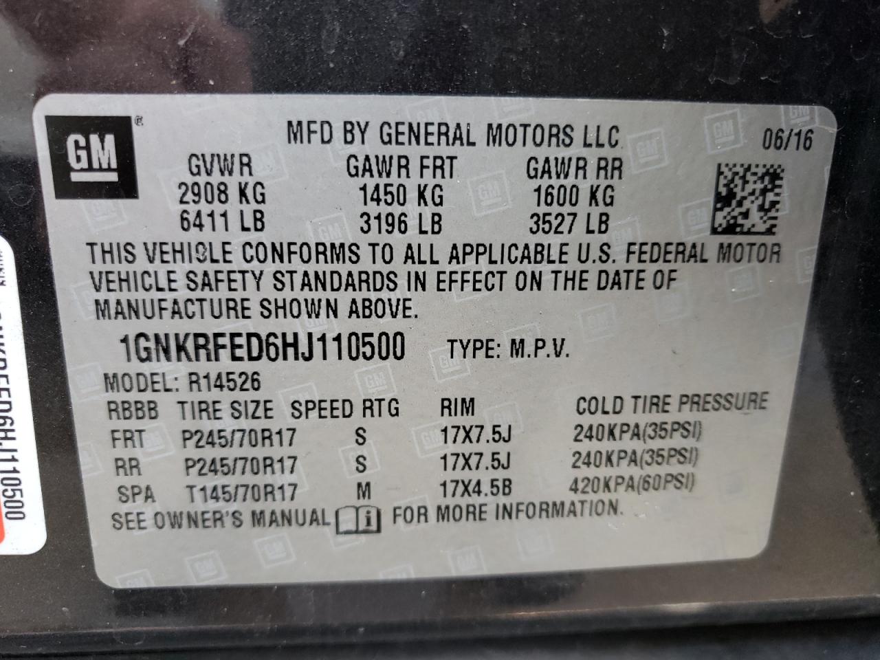 Photo 10 from auction – 2017 CHEVROLET TRAVERSE L with VIN 1GNKRFED6HJ110500