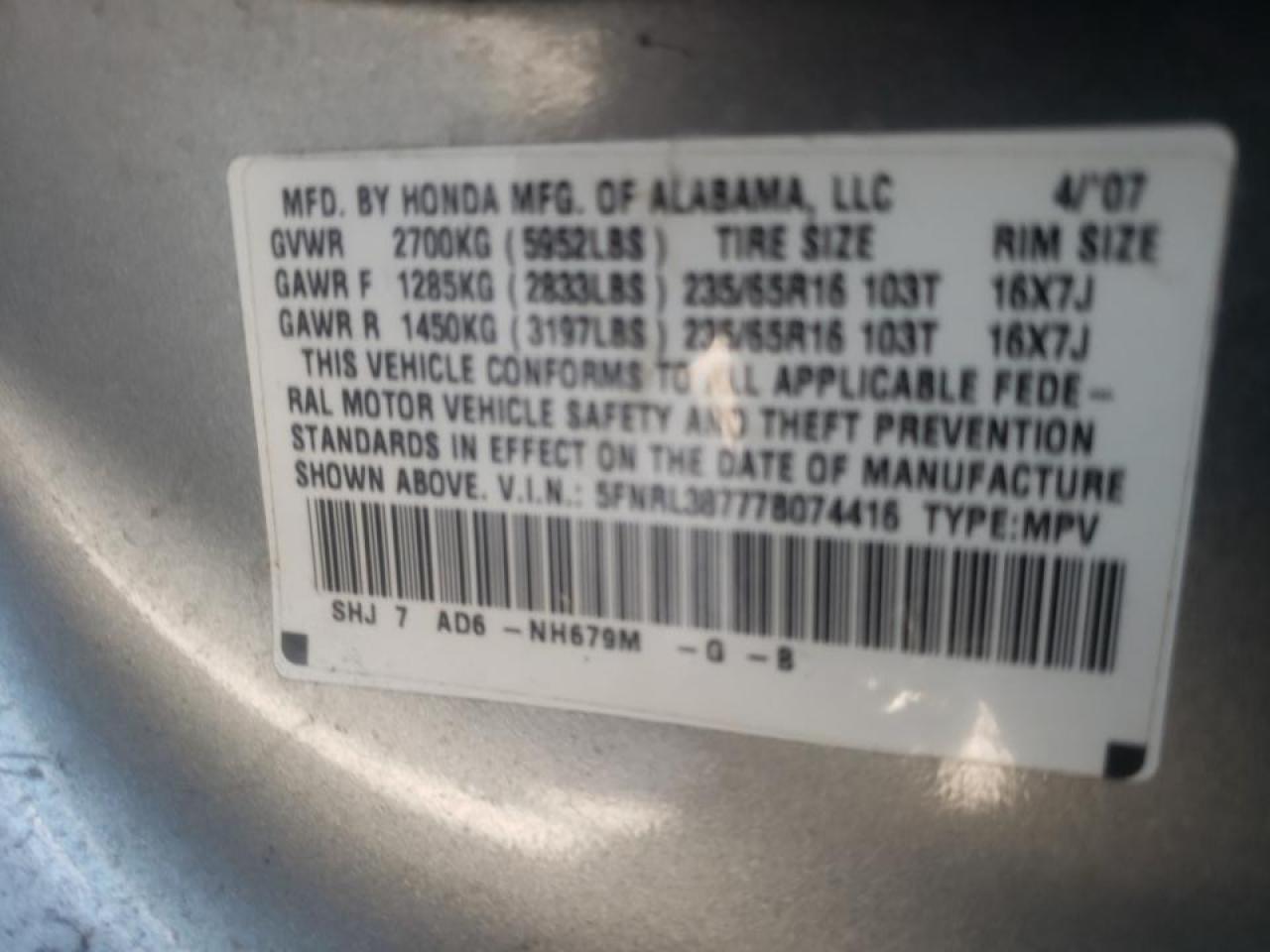 Photo 10 from auction – 2007 HONDA ODYSSEY EX with VIN 5FNRL38777B074416