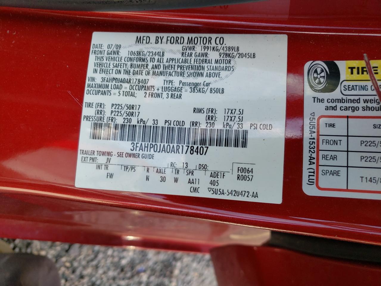 Photo 10 from auction – 2010 FORD FUSION SEL with VIN 3FAHP0JA0AR178407
