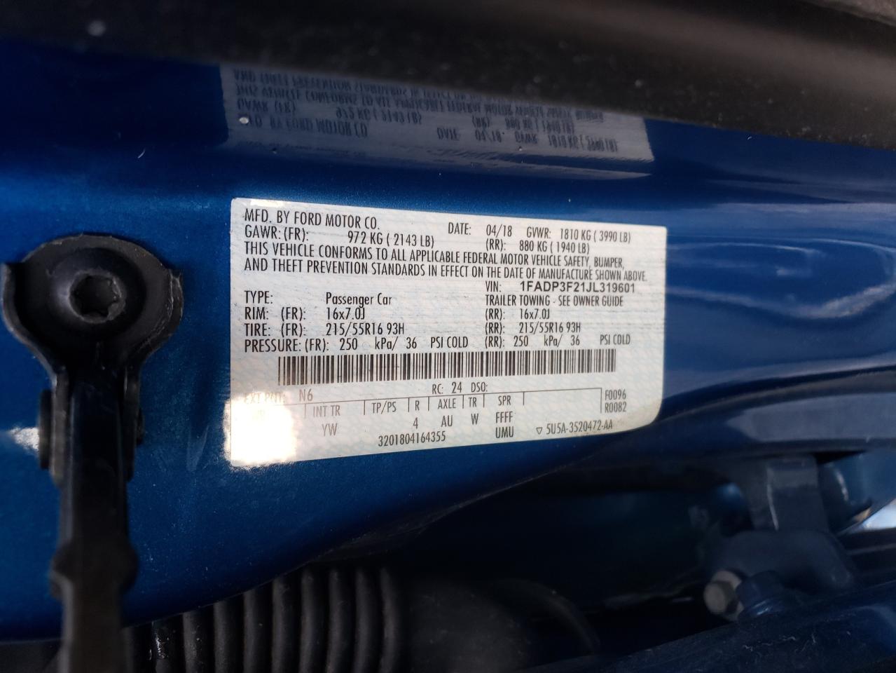 Photo 10 from auction – 2018 FORD FOCUS SE with VIN 1FADP3F21JL319601