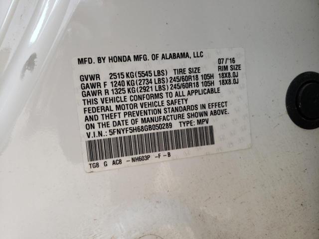 Photo 10 from auction – 2016 HONDA PILOT EXL with VIN 5FNYF5H68GB050289
