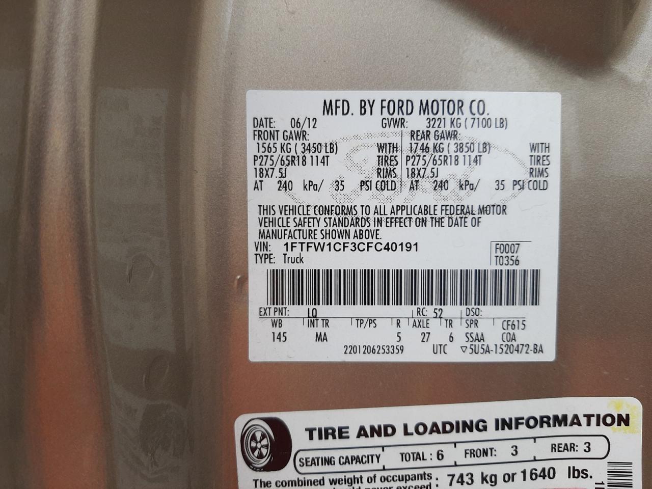 Photo 10 from auction – 2012 FORD F150 SUPER with VIN 1FTFW1CF3CFC40191