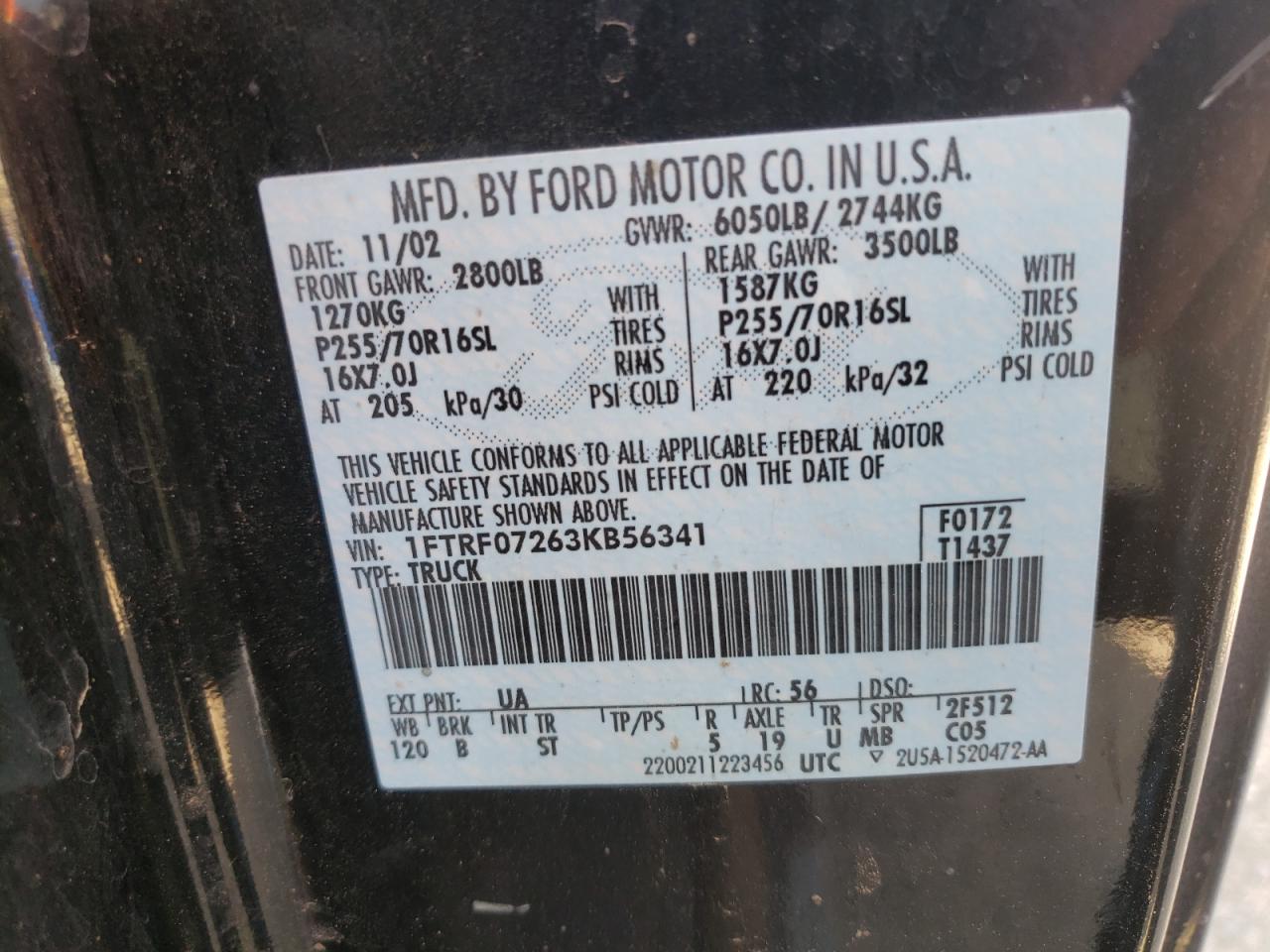 Photo 10 from auction – 2003 FORD F150 with VIN 1FTRF07263KB56341