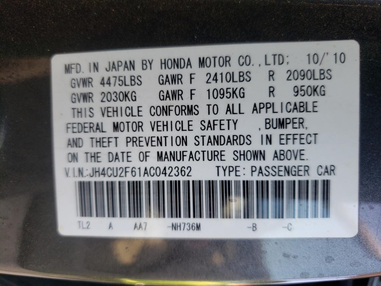 Photo 10 from auction – 2010 ACURA TSX with VIN JH4CU2F61AC042362