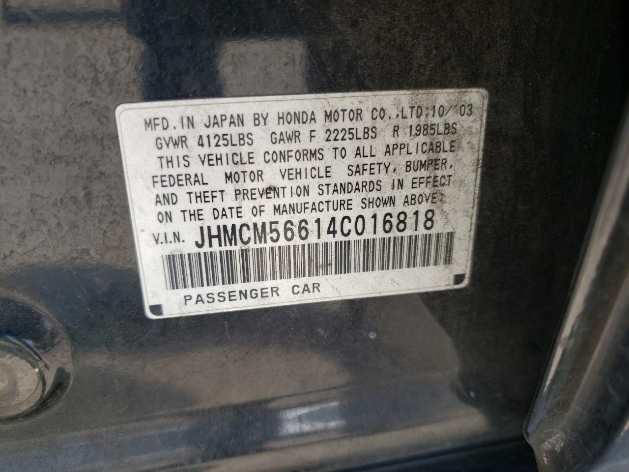 Photo 10 from auction – 2004 HONDA ACCORD EX with VIN JHMCM56614C016818