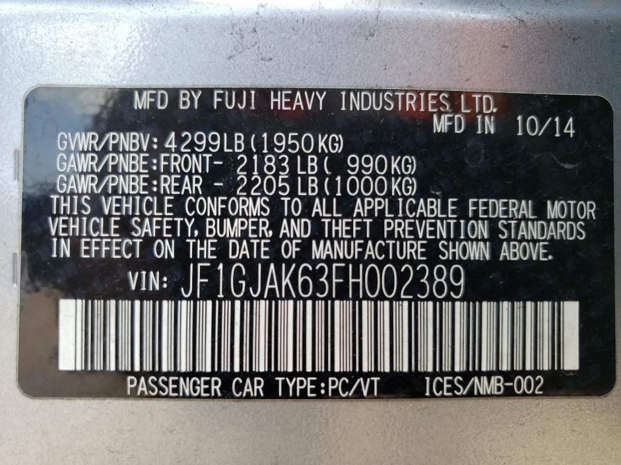 Photo 10 from auction – 2015 SUBARU IMPREZA PR with VIN JF1GJAK63FH002389