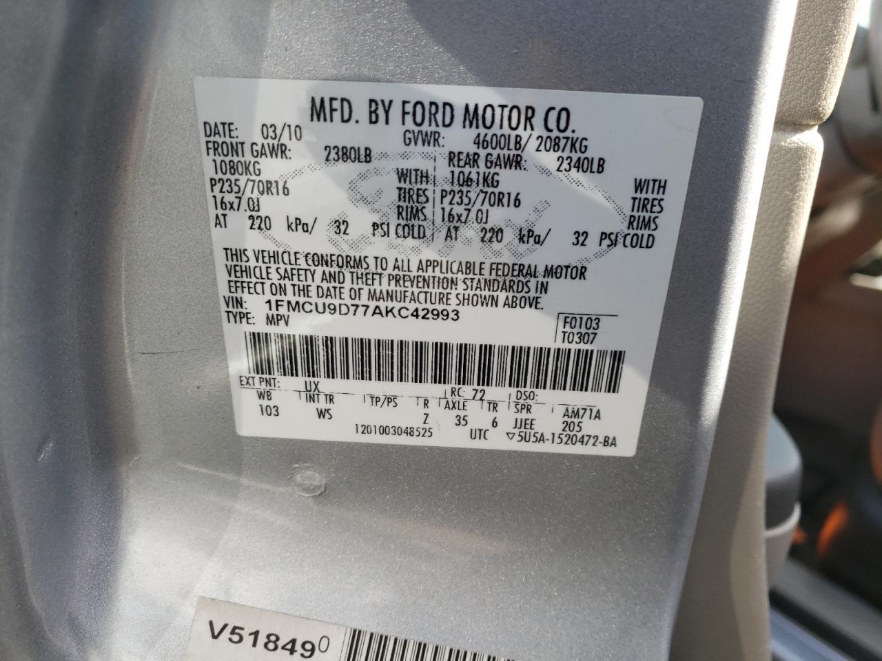 Photo 10 from auction – 2010 FORD ESCAPE XLT with VIN 1FMCU9D77AKC42993