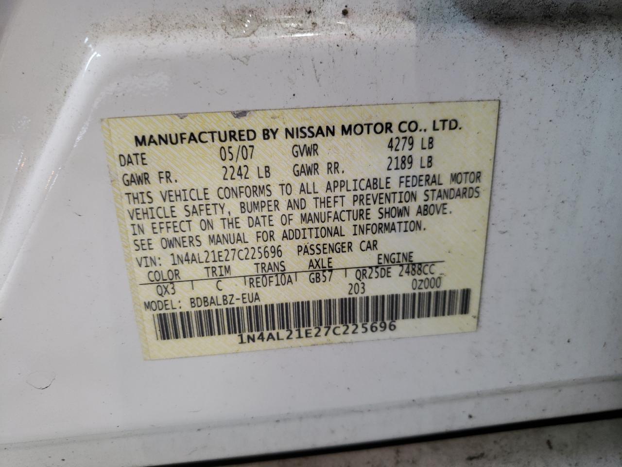 Photo 10 from auction – 2007 NISSAN ALTIMA 2.5 with VIN 1N4AL21E27C225696