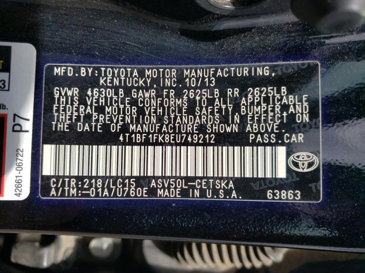 Photo 10 from auction – 2014 TOYOTA CAMRY L with VIN 4T1BF1FK8EU749212