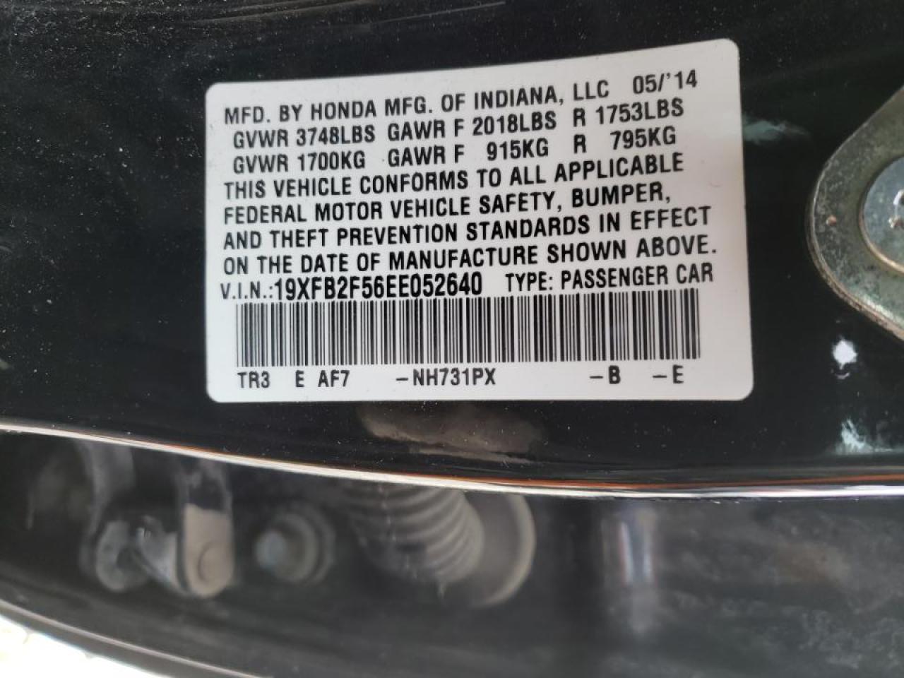 Photo 10 from auction – 2014 HONDA CIVIC LX with VIN 19XFB2F56EE052640
