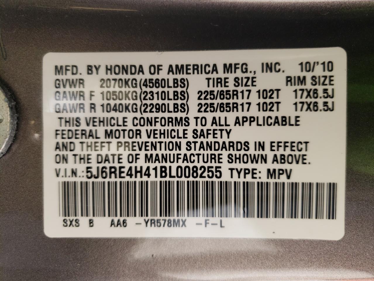 Photo 10 from auction – 2011 HONDA CR-V SE with VIN 5J6RE4H41BL008255