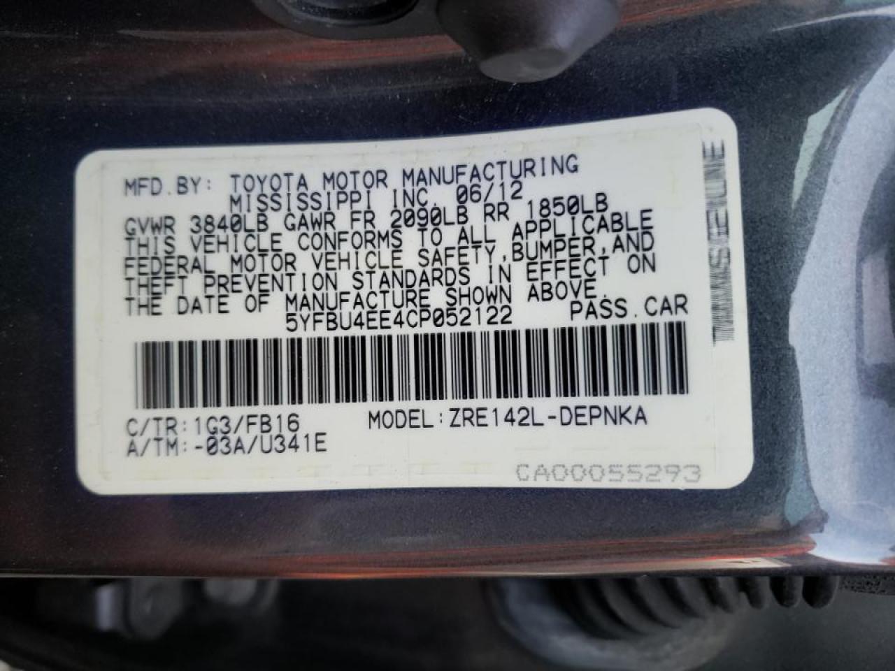 Photo 10 from auction – 2012 TOYOTA COROLLA BA with VIN 5YFBU4EE4CP052122