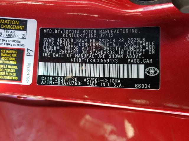 Photo 10 from auction – 2012 TOYOTA CAMRY BASE with VIN 4T1BF1FK9CU559173