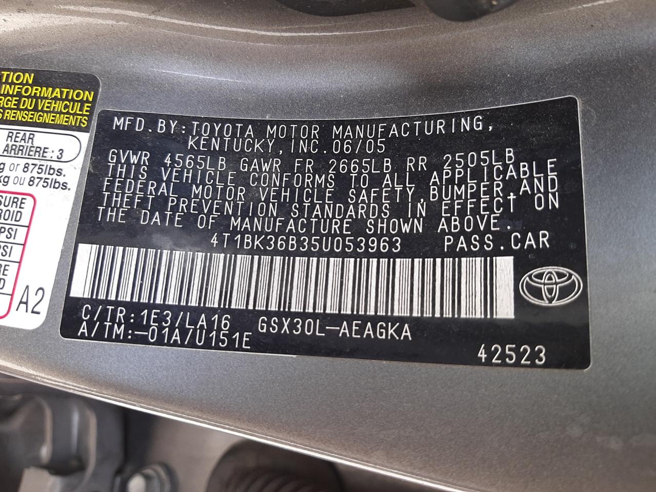 Photo 10 from auction – 2005 TOYOTA AVALON 4D with VIN 4T1BK36B35U053963