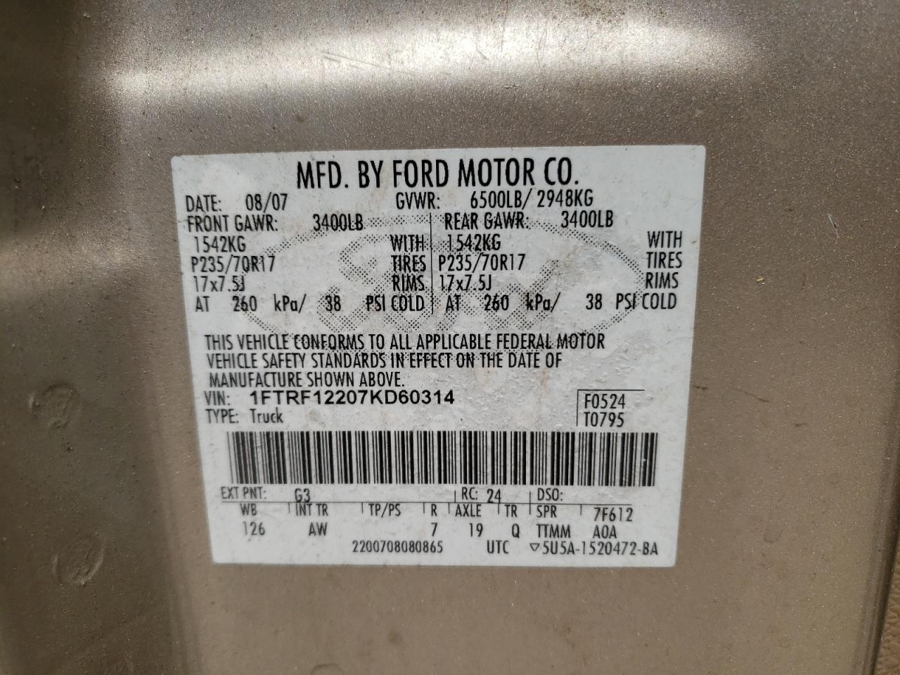 Photo 10 from auction – 2007 FORD F150 with VIN 1FTRF12207KD60314
