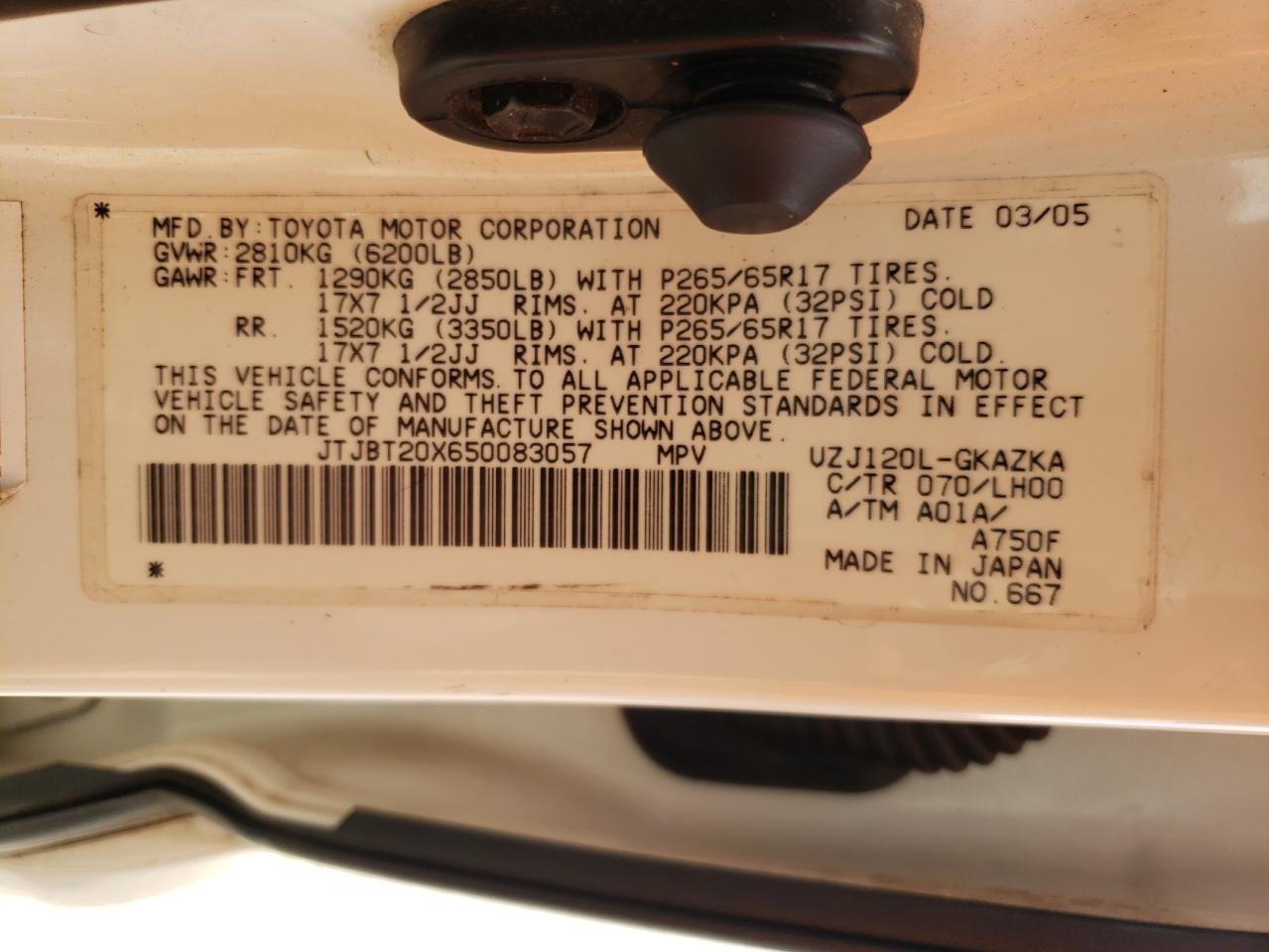 Photo 10 from auction – 2005 LEXUS GX 470 with VIN JTJBT20X650083057