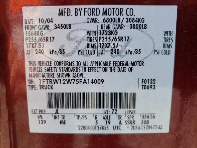 Photo 10 from auction – 2005 FORD F150 SUPER with VIN 1FTRW12W75FA14009