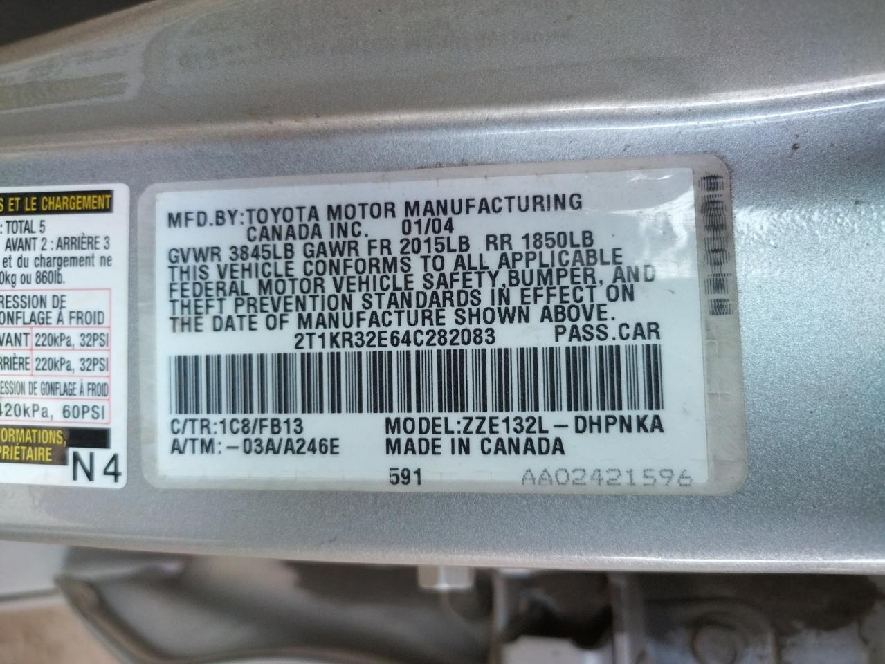 Photo 10 from auction – 2004 TOYOTA COROLLA MA with VIN 2T1KR32E64C282083