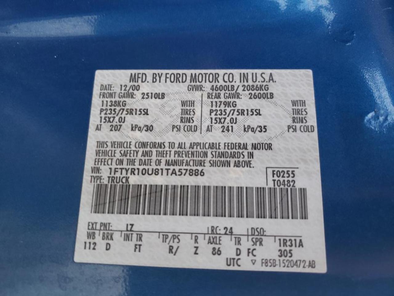 Photo 10 from auction – 2001 FORD RANGER with VIN 1FTYR10U81TA57886