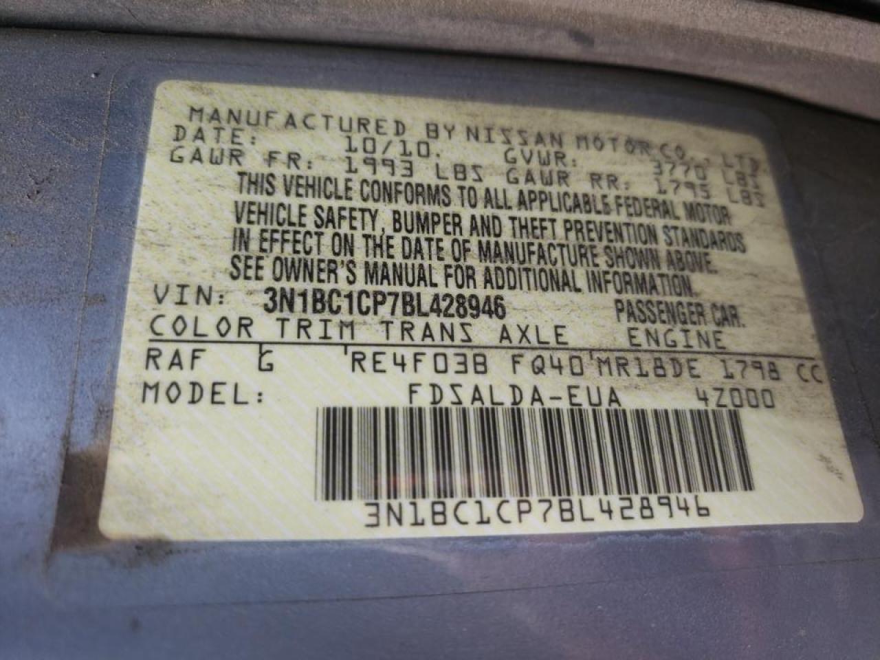 Photo 10 from auction – 2011 NISSAN VERSA S with VIN 3N1BC1CP7BL428946