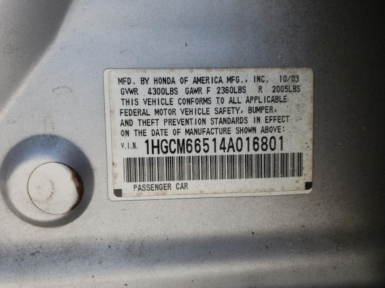 Photo 10 from auction – 2004 HONDA ACCORD EX with VIN 1HGCM66514A016801