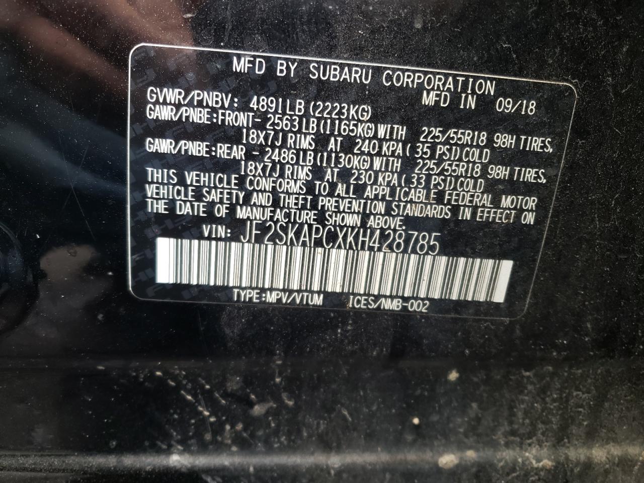 Photo 10 from auction – 2019 SUBARU FORESTER S with VIN JF2SKAPCXKH428785