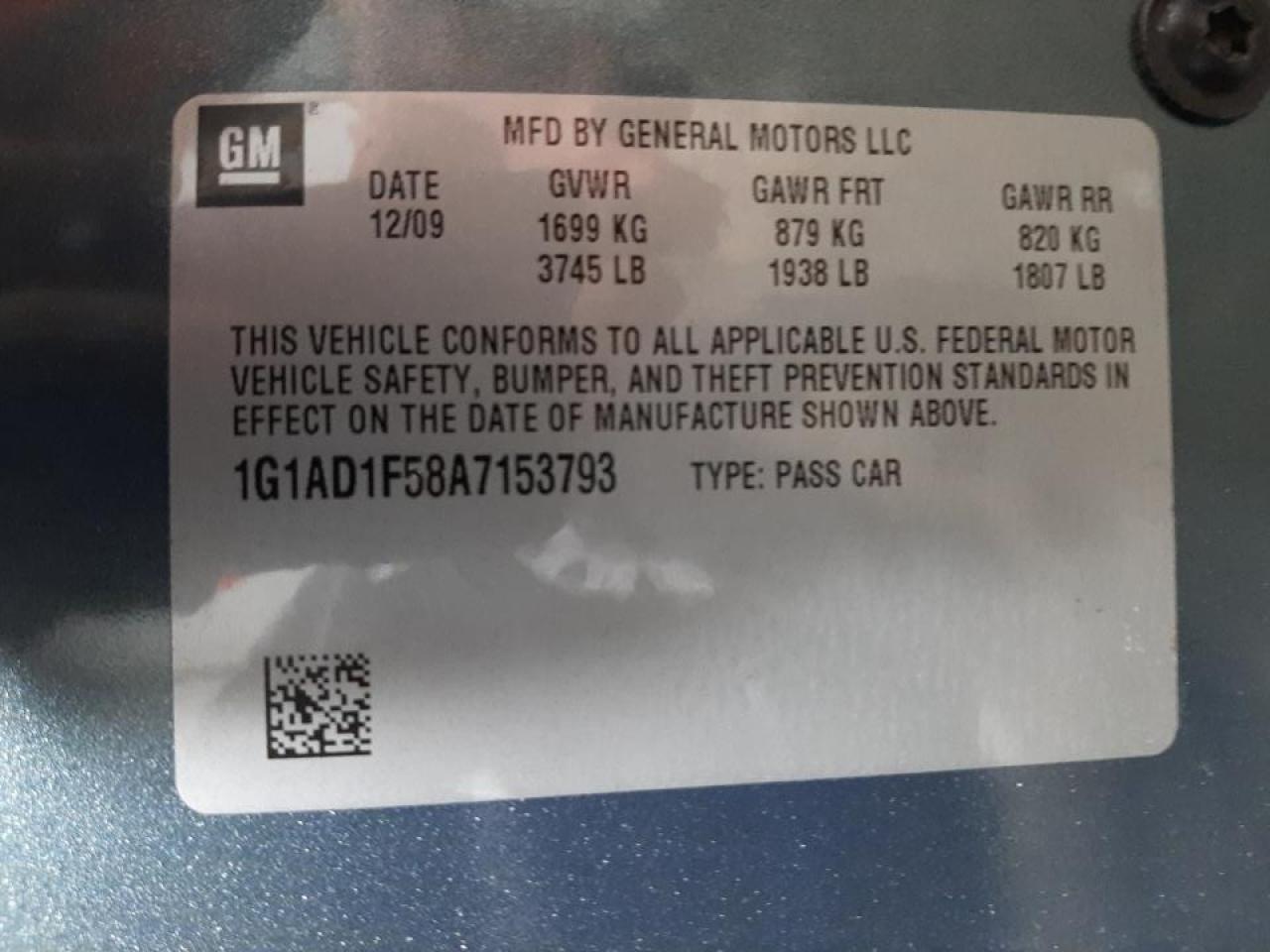Photo 10 from auction – 2010 CHEVROLET COBALT 1LT with VIN 1G1AD1F58A7153793