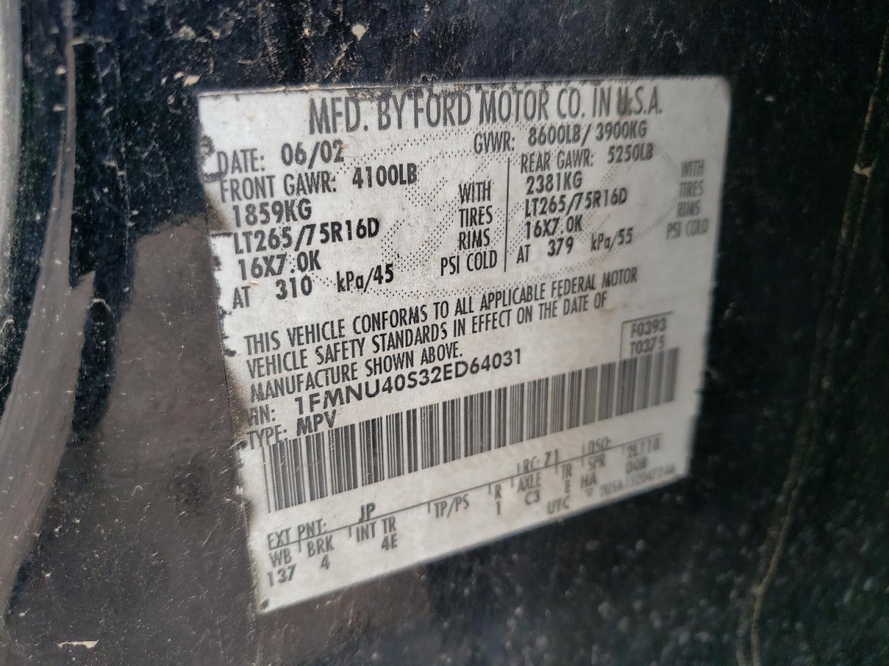 Photo 10 from auction – 2002 FORD EXCURSION with VIN 1FMNU40S32ED64031