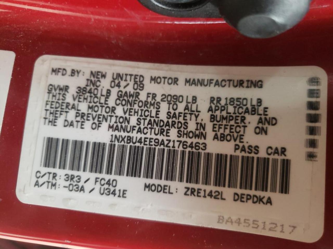 Photo 10 from auction – 2010 TOYOTA COROLLA BA with VIN 1NXBU4EE9AZ176463