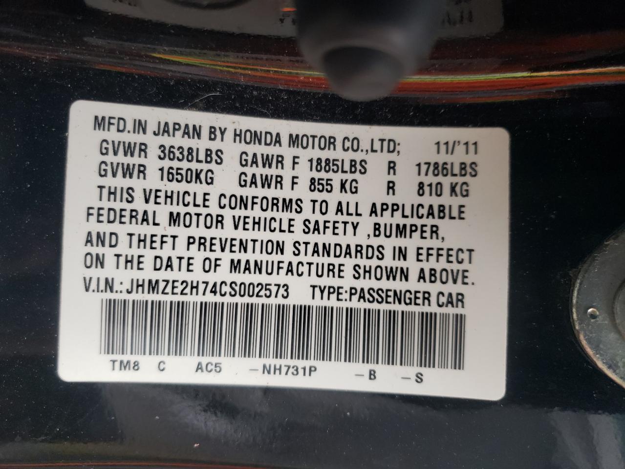 Photo 10 from auction – 2012 HONDA INSIGHT EX with VIN JHMZE2H74CS002573