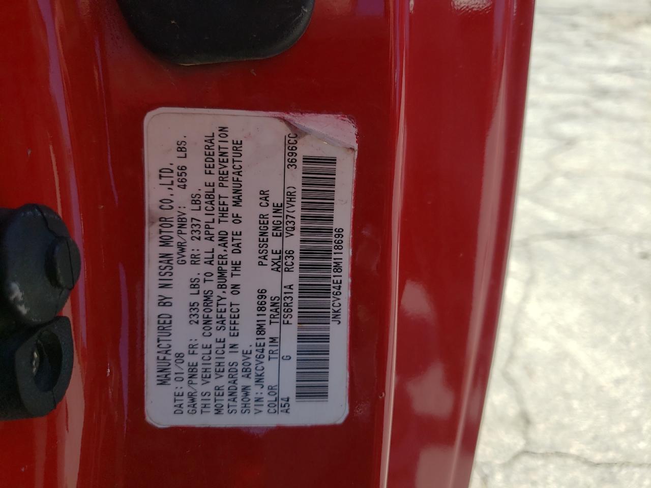Photo 10 from auction – 2008 INFINITI G37 BASE with VIN JNKCV64E18M118696
