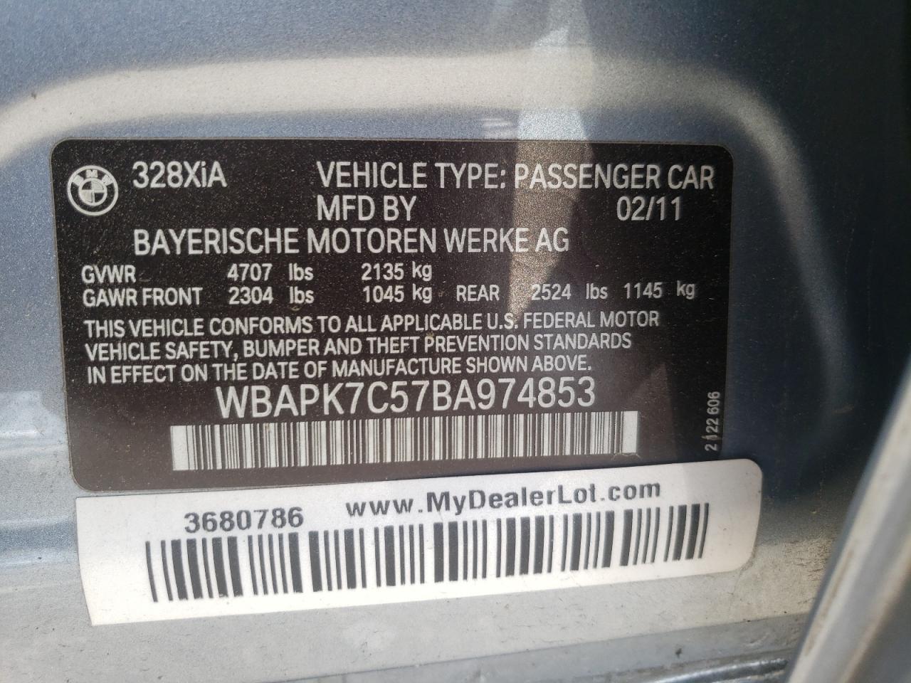 Photo 10 from auction – 2011 BMW 328 XI with VIN WBAPK7C57BA974853