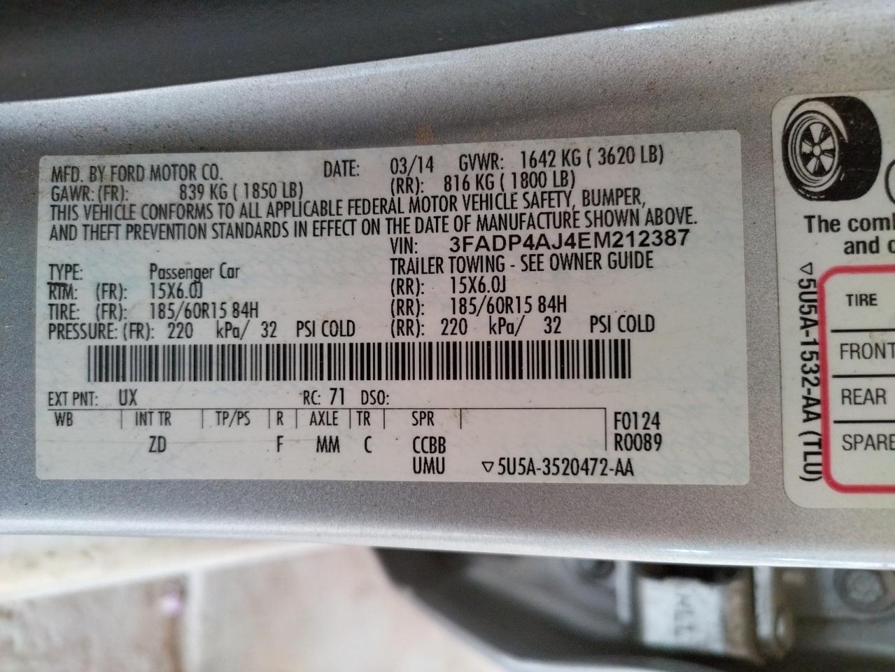 Photo 10 from auction – 2014 FORD FIESTA S with VIN 3FADP4AJ4EM212387