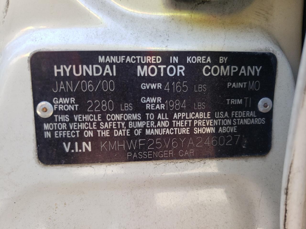 Photo 10 from auction – 2000 HYUNDAI SONATA BAS with VIN KMHWF25V6YA246027